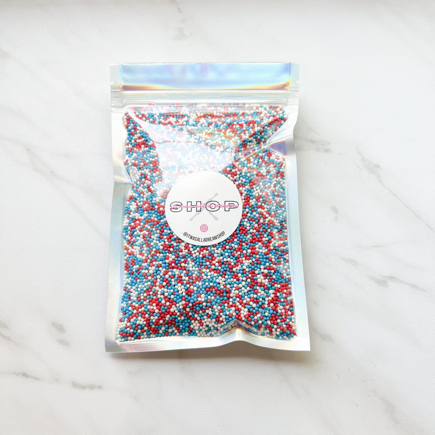 RED WHITE AND BLUE NONPAREILS SPRINKLES