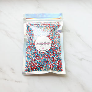 RED WHITE AND BLUE NONPAREILS SPRINKLES