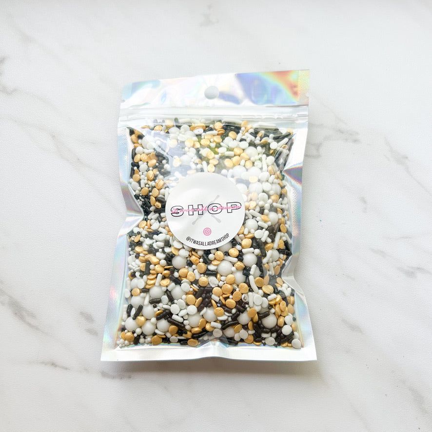 BLACK WHITE AND GOLD SPRINKLE MIX