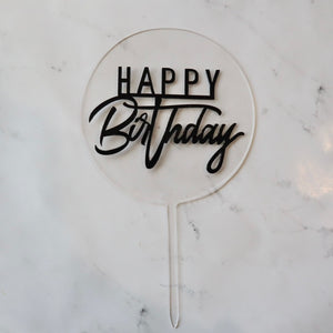 BLACK HAPPY BIRTHDAY ROUND CAKE TOPPER