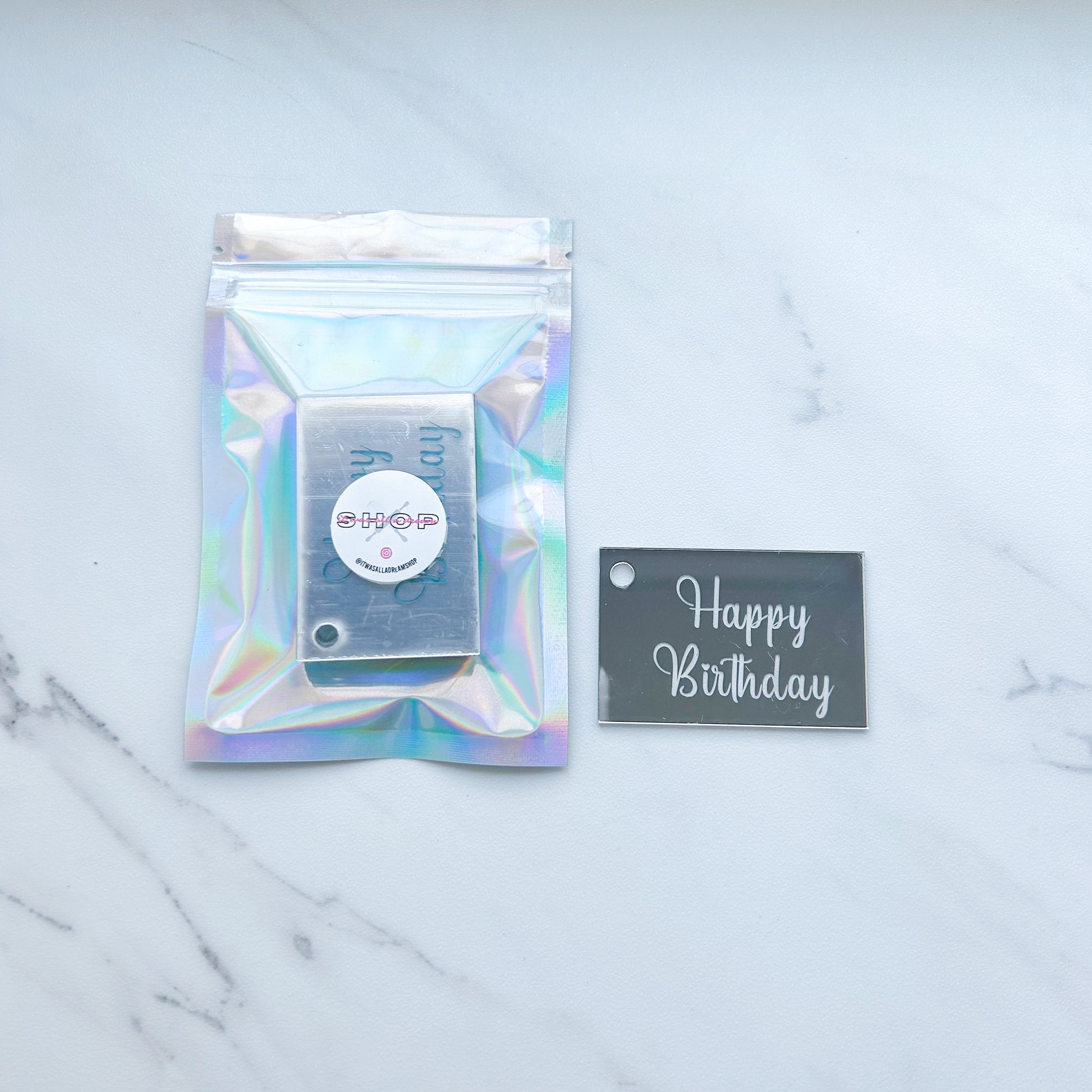 "HAPPY BIRTHDAY" ACRYLIC RECTANGLE TAG WITH HOLE TOPPERS