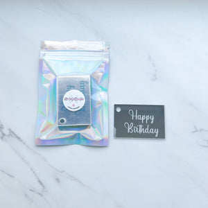 "HAPPY BIRTHDAY" ACRYLIC RECTANGLE TAG WITH HOLE TOPPERS