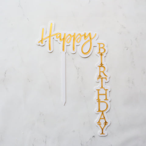 GOLD & WHITE DOUBLE LAYER HAPPY BIRTHDAY CAKE TOPPER