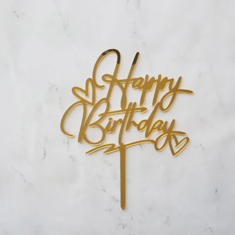 GOLD HAPPY BIRTHDAY CAKE TOPPER WITH HEARTS